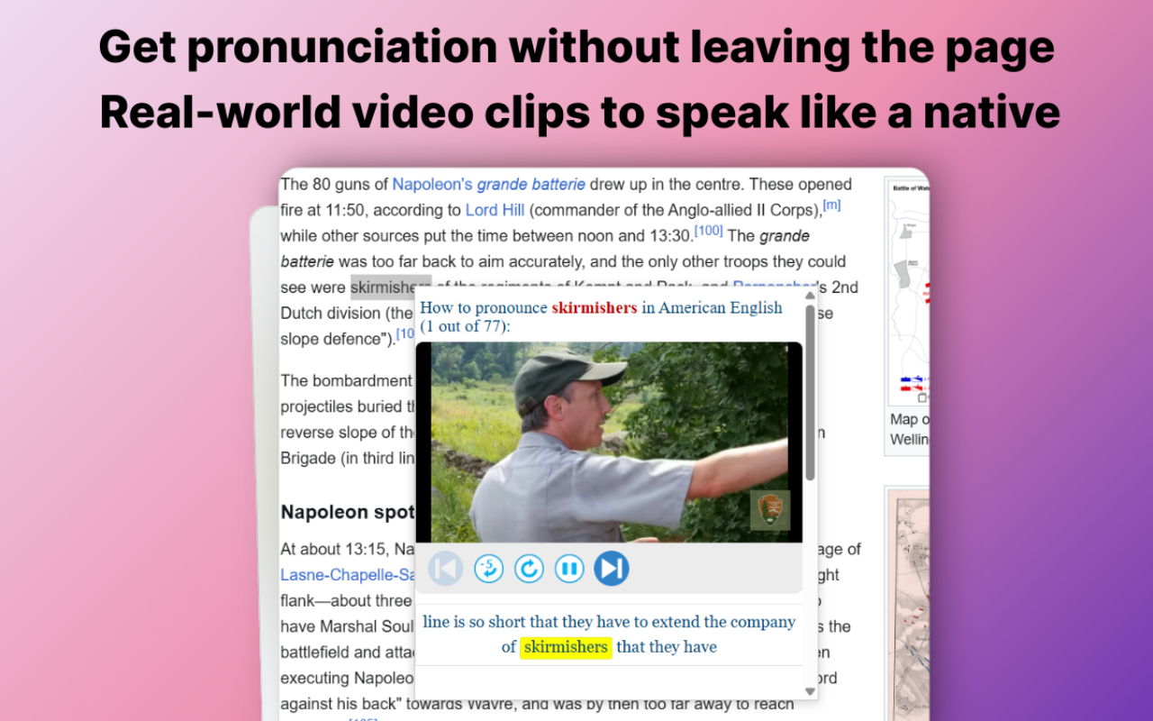 Pronouncey playing a real video clip of a native speaker pronouncing a highlighted word directly on a webpage